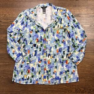 Ali Miles Blouse Womens Medium Blue Multicolor Abstract Print Button Front Top